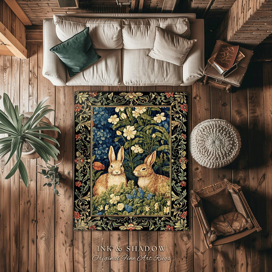 Cottagecore Bunnies Spring Rug | Woodland Room Decor William Morris Inspired Forest Aesthetic Fairycore Bedroom Floral Bunny Victorian Art