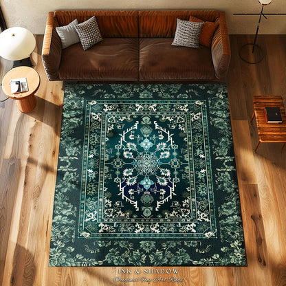 Deep Sea Green Room Accent Rug | Classic Ornate Statement Rug With Blue Green Detail Bohemian Mandala Aesthetic For Cozy Hippie Room Boho |