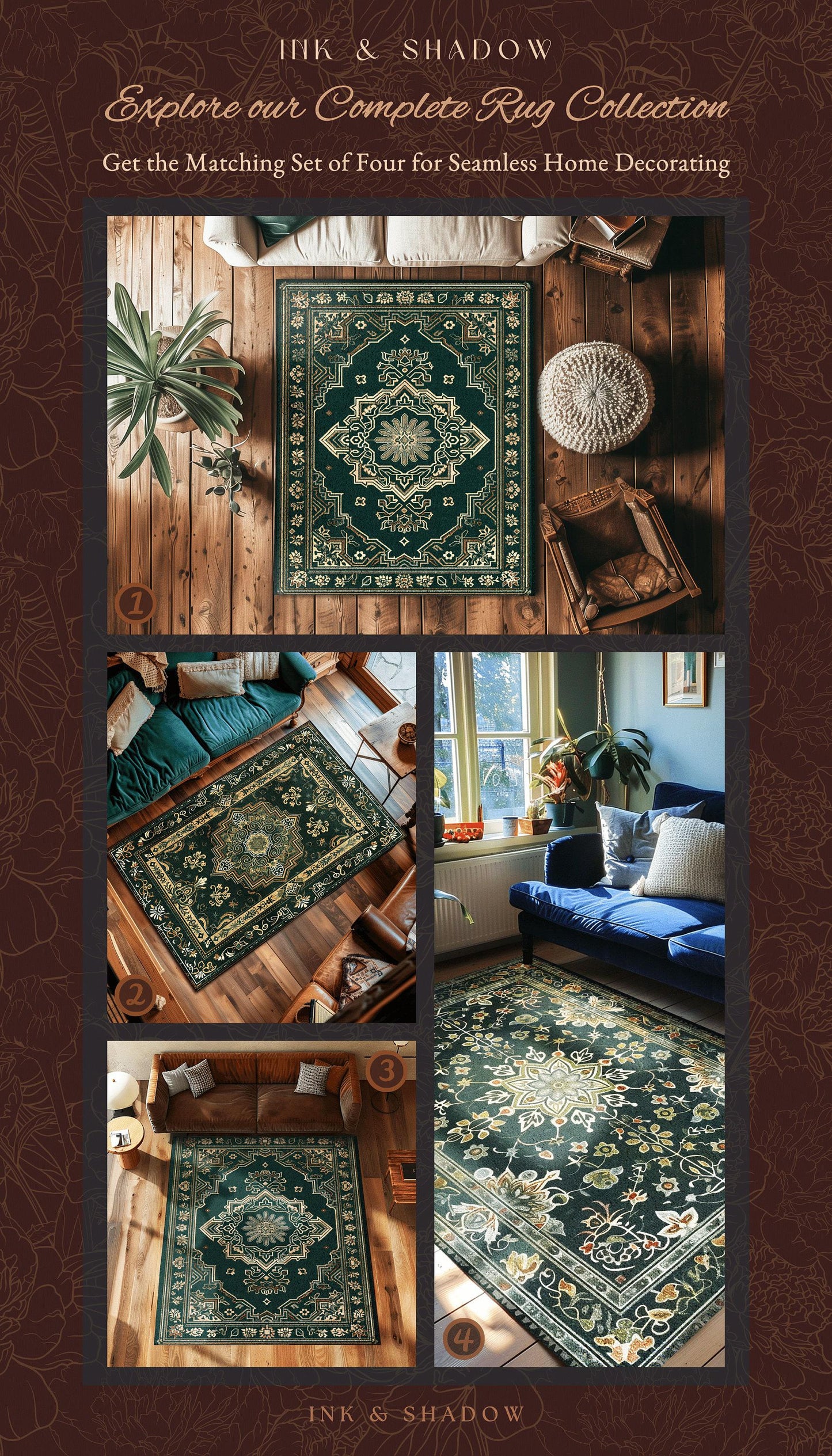 Deep Sea Green Room Accent Rug | Classic Ornate Statement Rug With Blue Green Detail Bohemian Mandala Aesthetic For Cozy Hippie Room Boho |