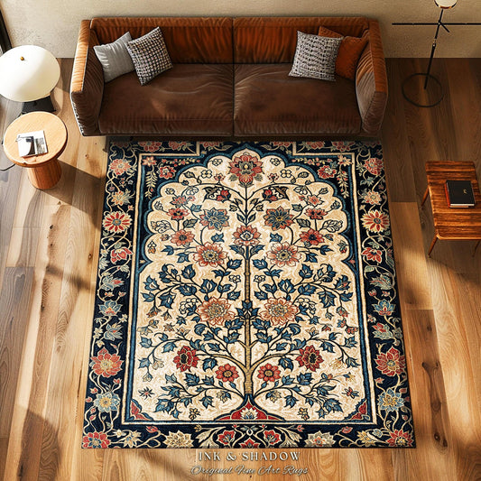 Earthy Colors Tree of Life Rug | Indie Floral Aesthetic Living Room Home Decor Rustic Housewarming Gift Cottagecore Earth Tone Bedroom Mat |