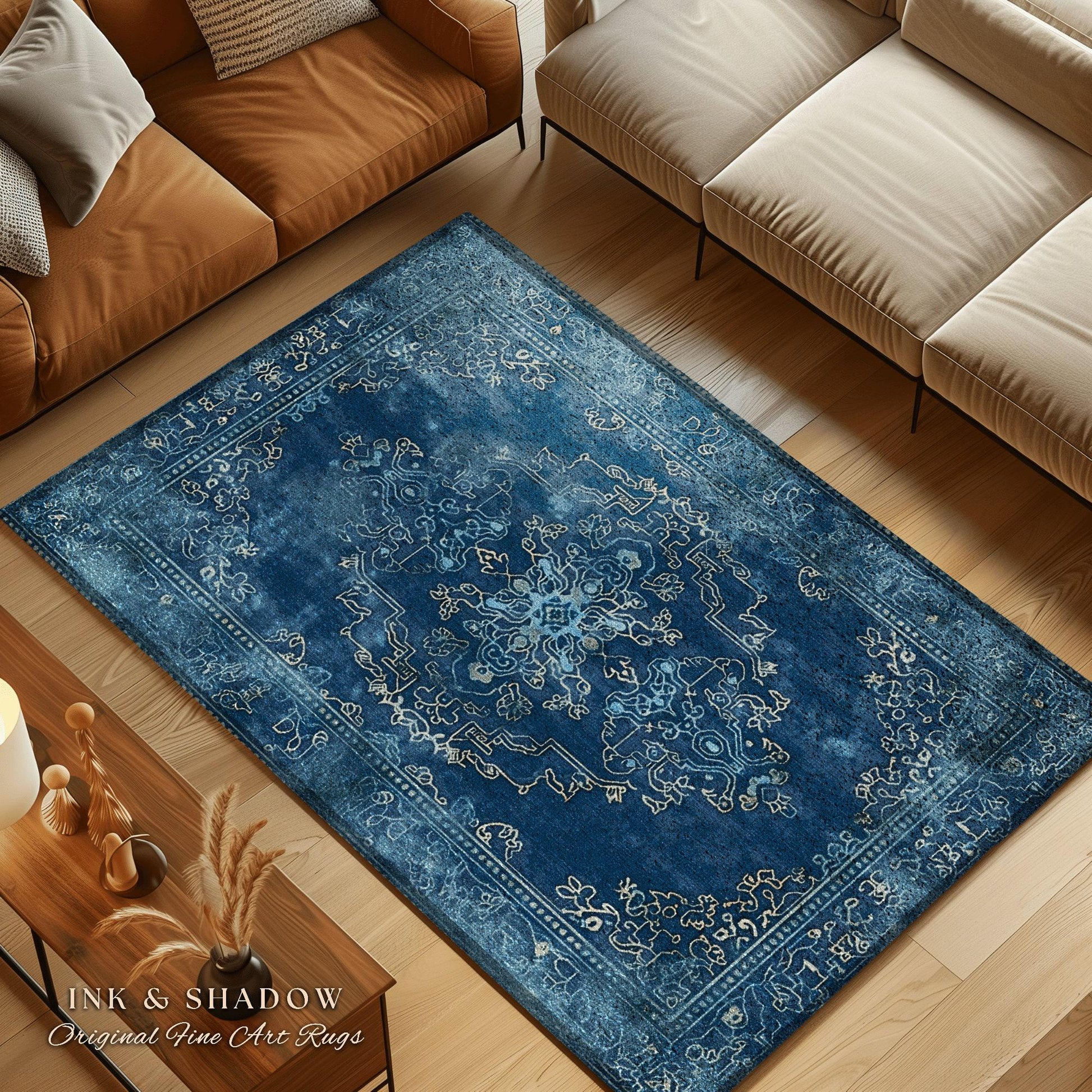 Royal Blue Living Room Rug | Living Room Indigo Home Decor Rustic Aesthetic Dark Cottagecore Bedroom Boho Floor Mat for Dining Room Boho
