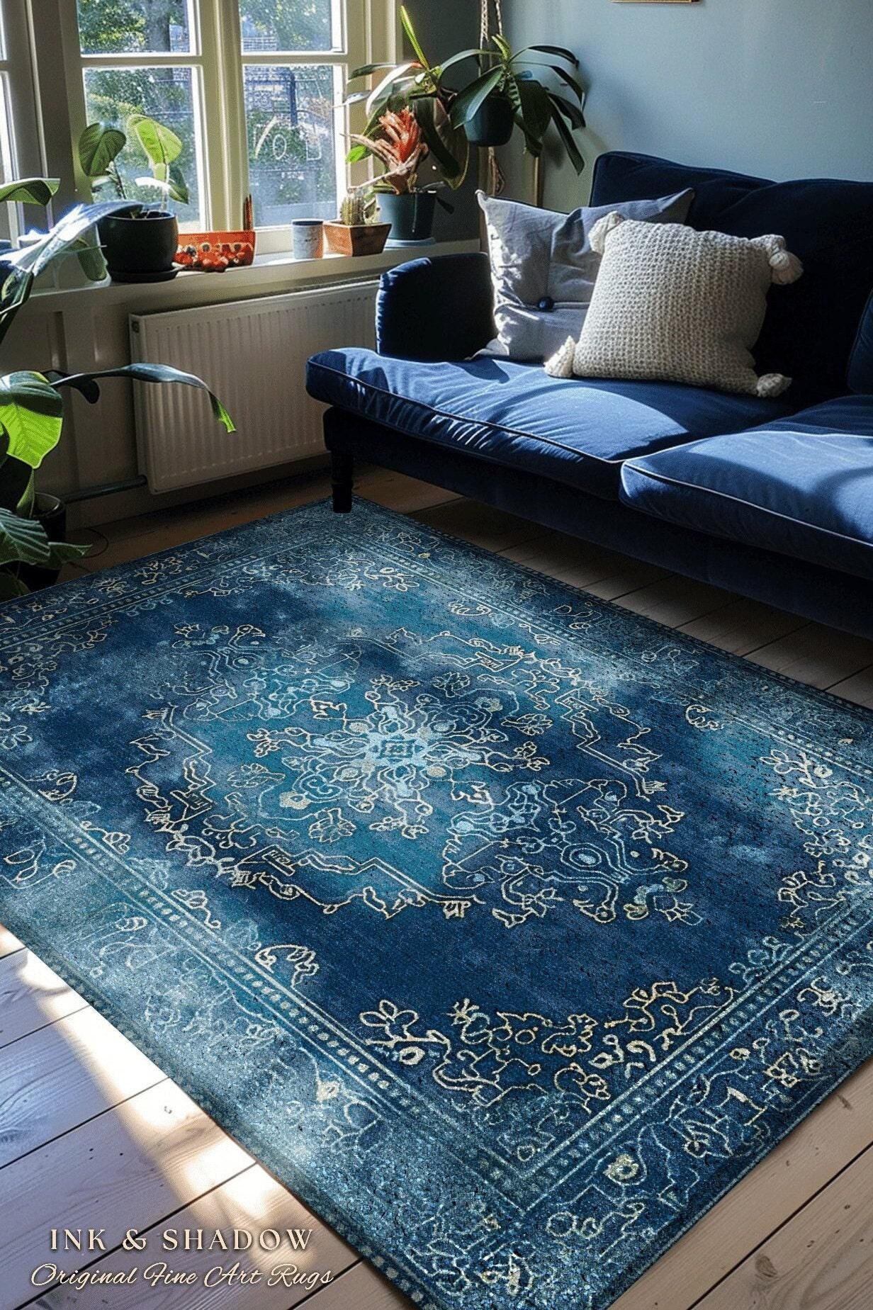 Royal Blue Living Room Rug | Living Room Indigo Home Decor Rustic Aesthetic Dark Cottagecore Bedroom Boho Floor Mat for Dining Room Boho
