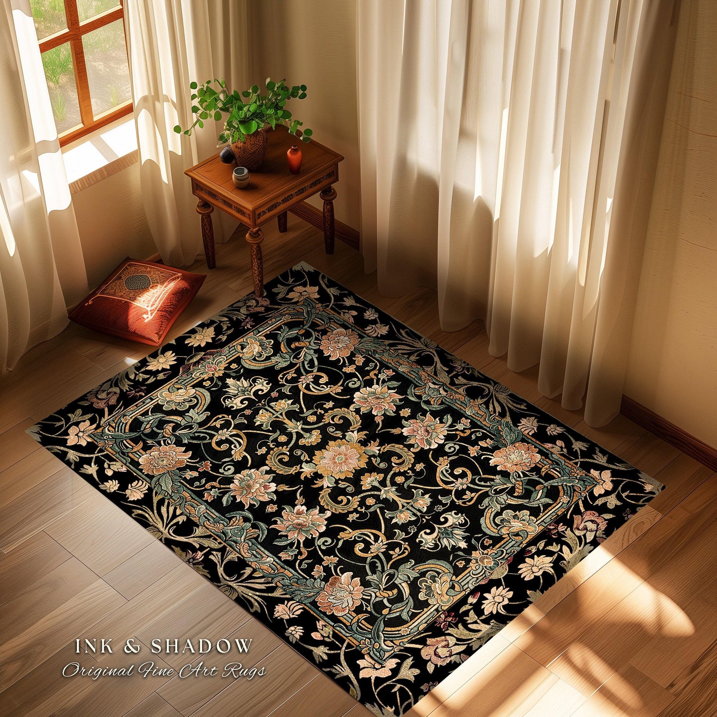 Dark Floral Victorian Rug | Wildflower Aesthetic Living Room Gothic Home Decor Rustic Housewarming Gift Dark Academia Bedroom Folklore Decor