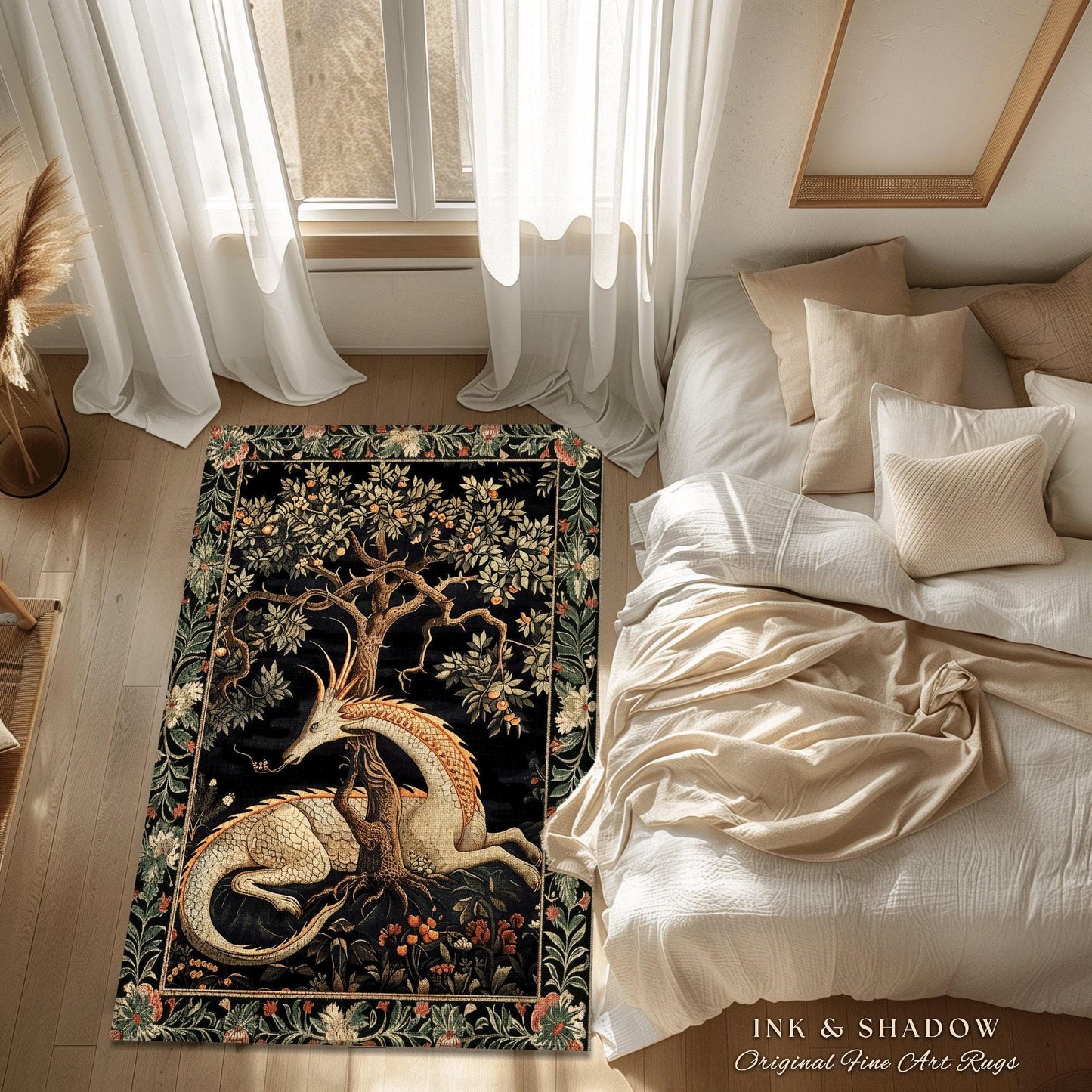 Dark Academia Dragon Round Area Rug | Medieval Folklore Room Decor Fairytale Inspired DnD Gift Dark Cottagecore Fairycore Mystical Game Room