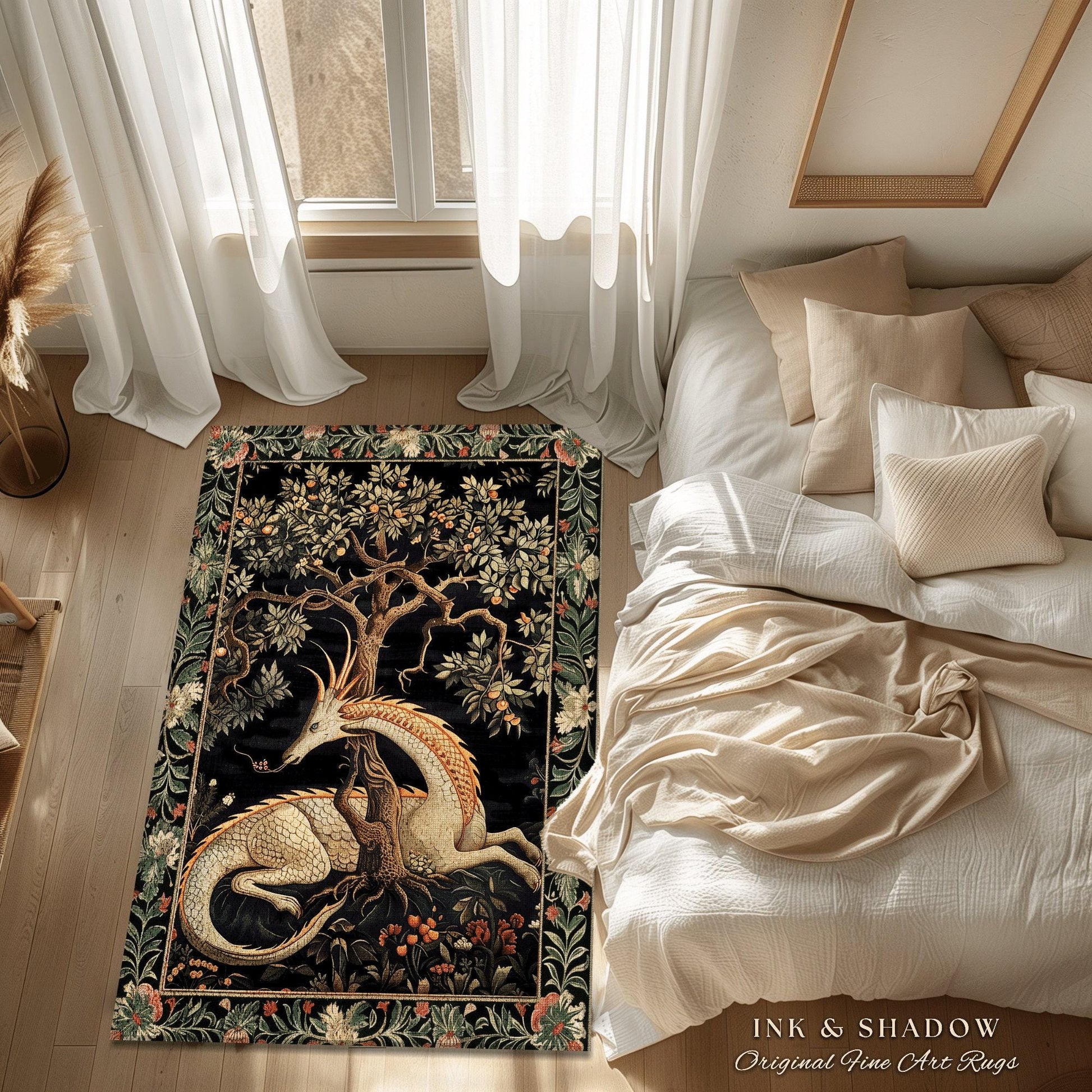 Dark Academia Dragon Round Area Rug | Medieval Folklore Room Decor Fairytale Inspired DnD Gift Dark Cottagecore Fairycore Mystical Game Room
