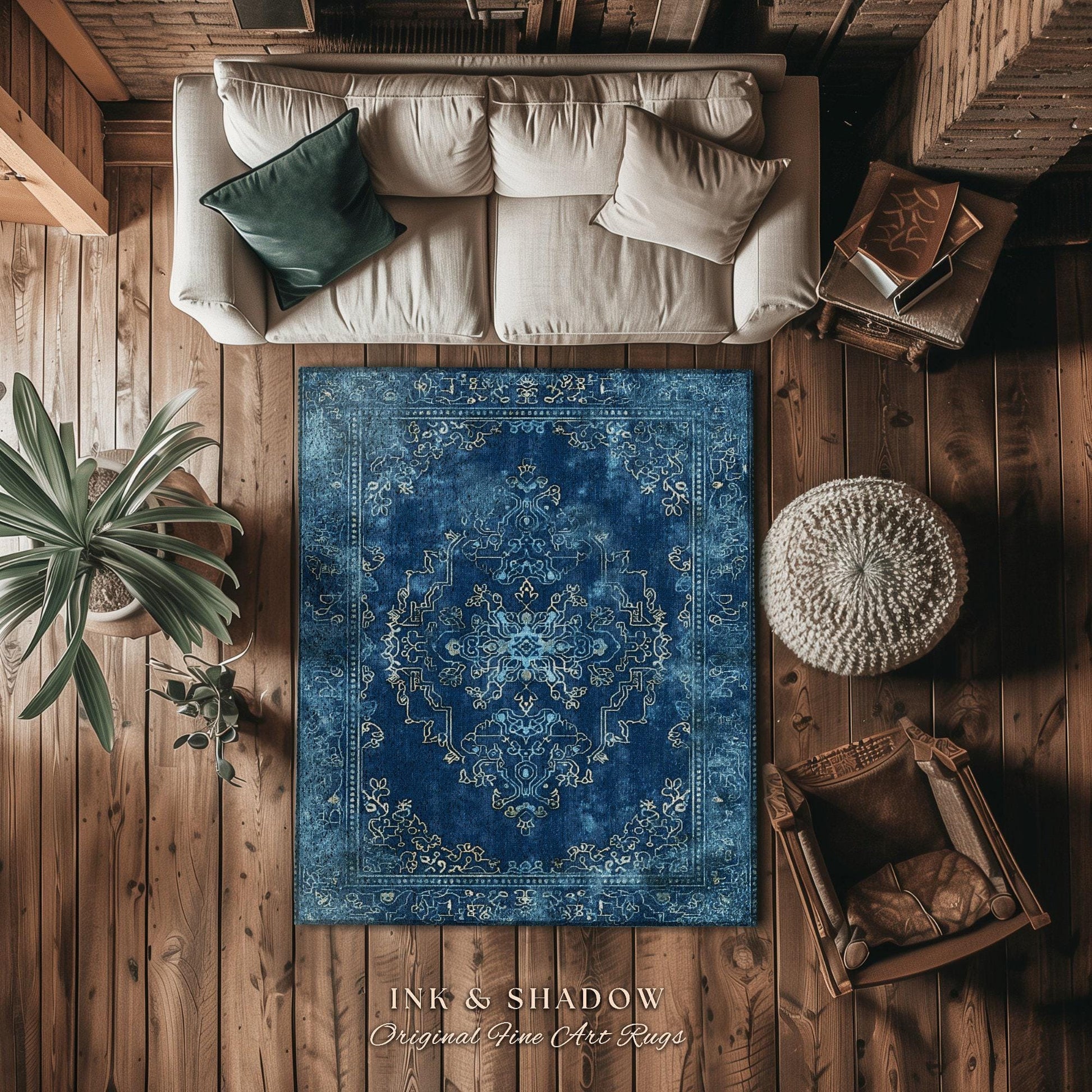 Royal Blue Living Room Rug | Living Room Indigo Home Decor Rustic Aesthetic Dark Cottagecore Bedroom Boho Floor Mat for Dining Room Boho