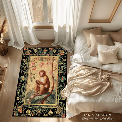 Woodland Gothic Floral Round Monkey Rug Morris Monkey | Vintage Cottagecore Aesthetic Dark Fairycore Bedroom Art Victorian Decorative Rug