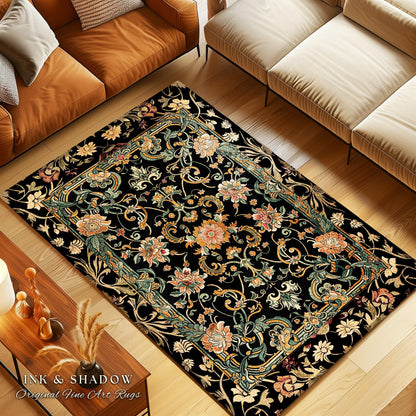 Dark Floral Victorian Rug | Wildflower Aesthetic Living Room Gothic Home Decor Rustic Housewarming Gift Dark Academia Bedroom Folklore Decor