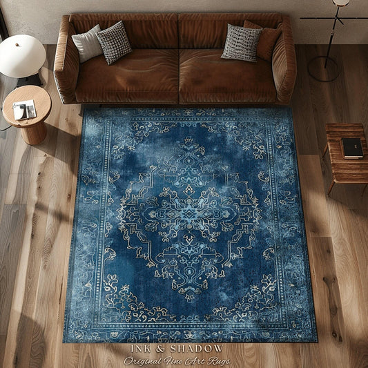 Royal Blue Living Room Rug | Living Room Indigo Home Decor Rustic Aesthetic Dark Cottagecore Bedroom Boho Floor Mat for Dining Room Boho