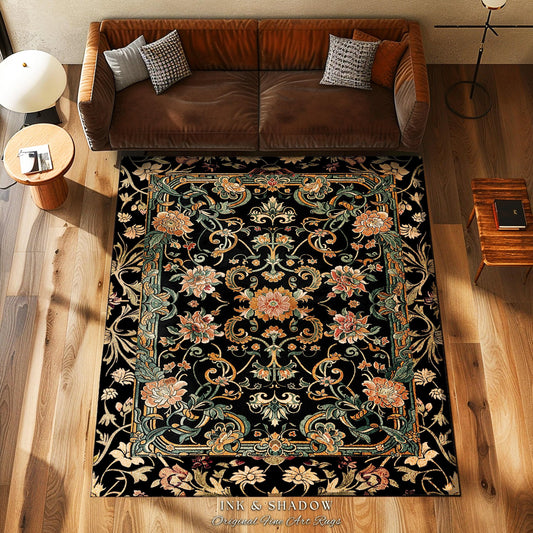 Dark Floral Victorian Rug | Wildflower Aesthetic Living Room Gothic Home Decor Rustic Housewarming Gift Dark Academia Bedroom Folklore Decor