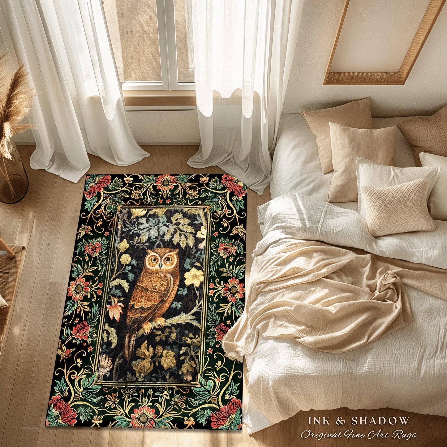 Whimsical Book Nook Owl Rug | Woodland Room Decor William Morris Inspired Forest Aesthetic Fairycore Boho Bedroom Rug Floral Owl Decoration