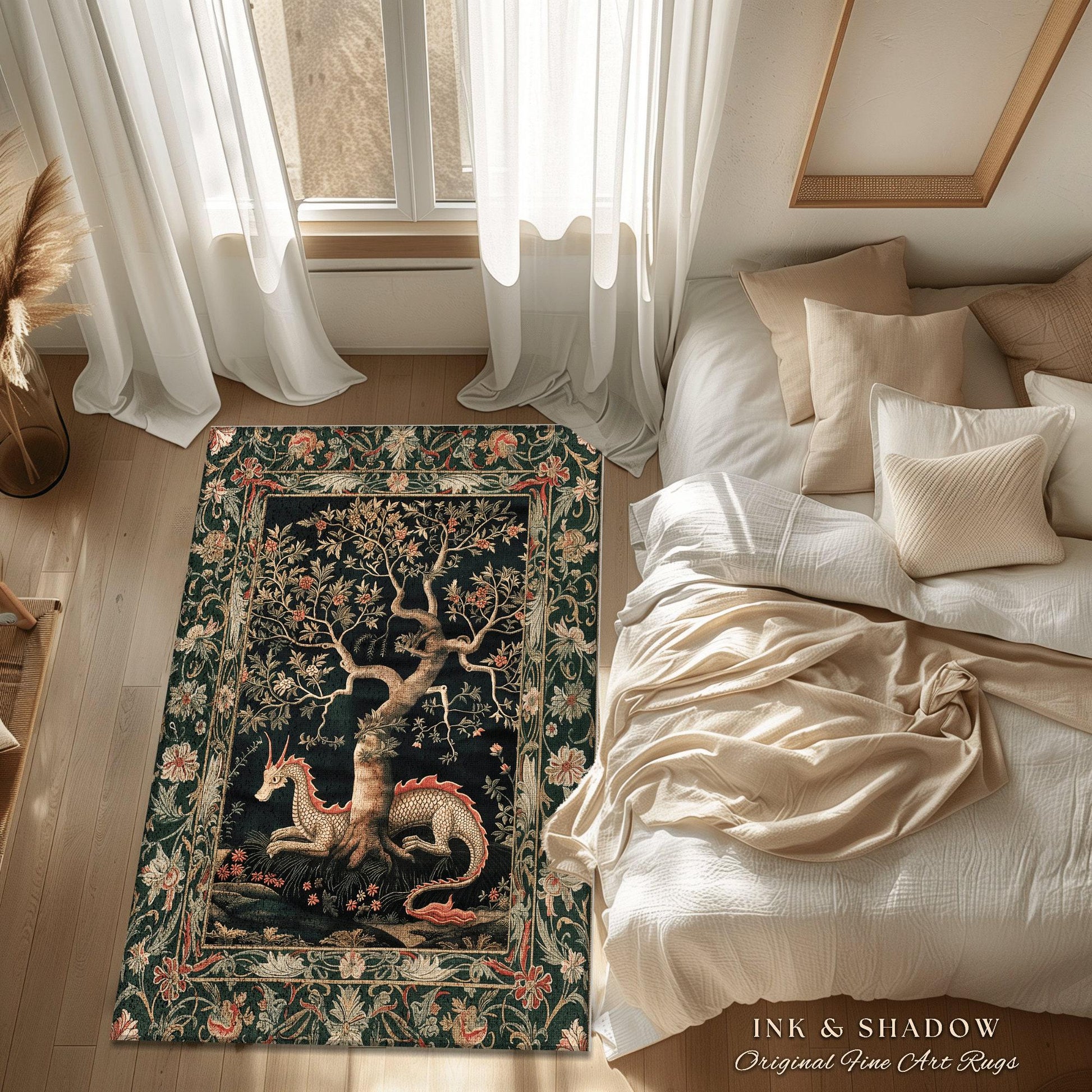 Woodland Mysticism Round Floor Rug | Ethereal Gothic Book Nook Decor Fairy Bedroom Magic Aesthetic Maximalist Cottagecore Dragon Lover Gift