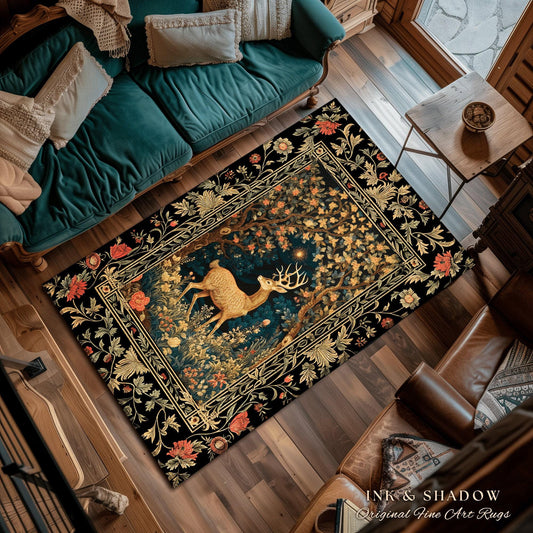 Forest Spirit Mystic Deer Rug | Cottagecore Room Decor William Morris Inspired Forest Aesthetic Fairycore Boho Bedroom Rug Ethereal Deer