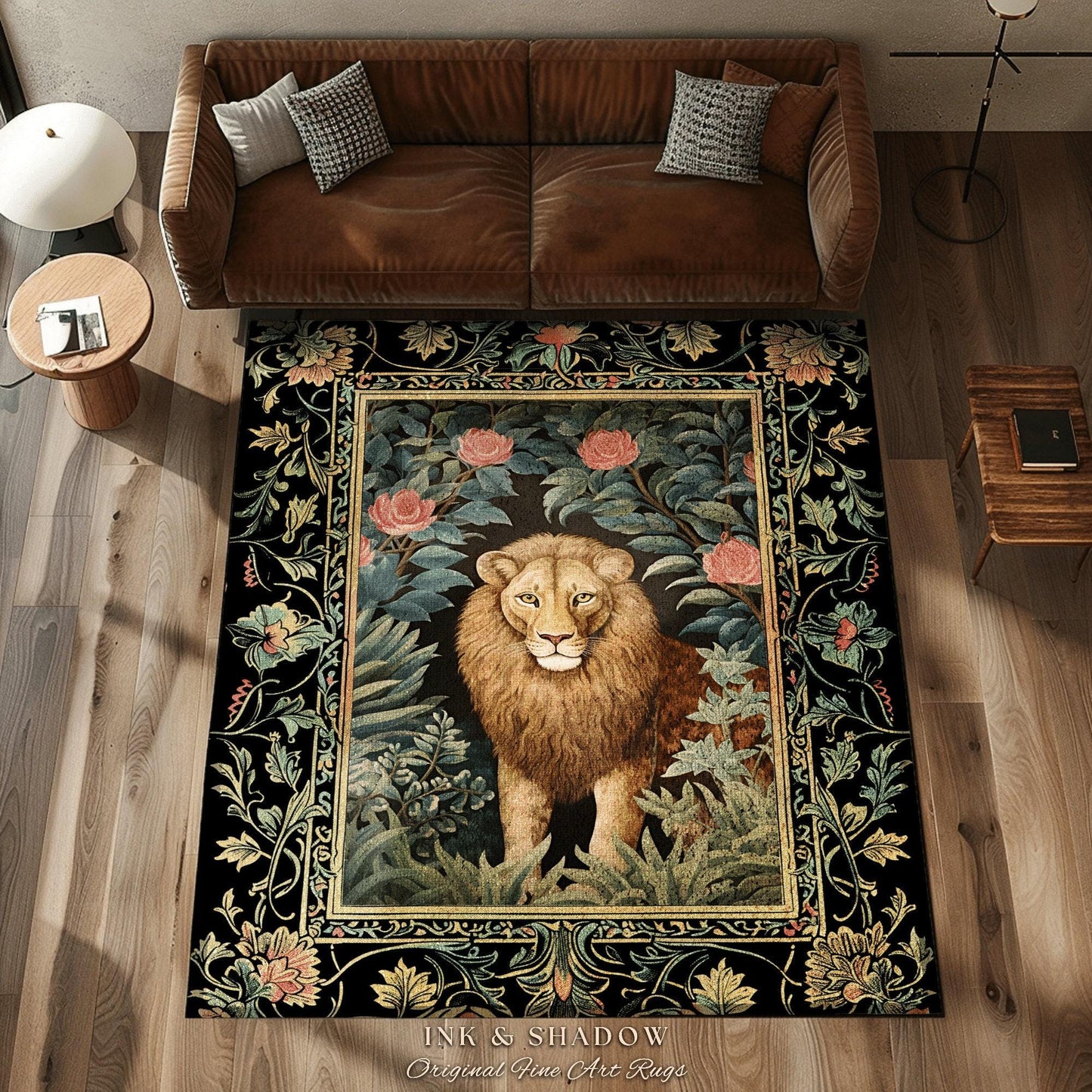 Mystic Jungle Rug | Rainforest Themed Room Decor William Morris Style Aesthetic Fairycore Boho Bedroom Rug Jungle Lion Floral Botanical