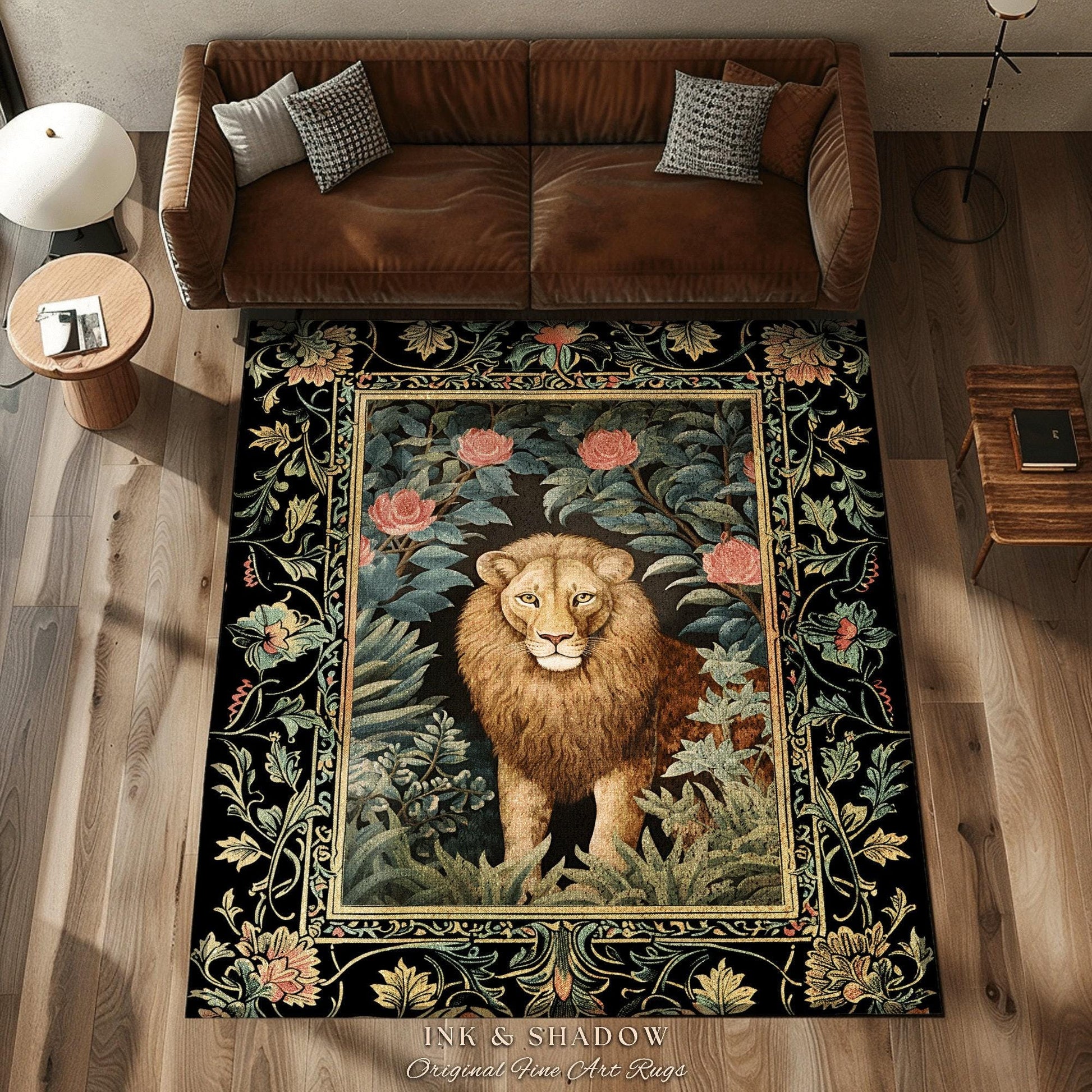 Mystic Jungle Rug | Rainforest Themed Room Decor William Morris Style Aesthetic Fairycore Boho Bedroom Rug Jungle Lion Floral Botanical