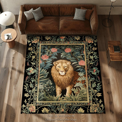 Mystic Jungle Rug | Rainforest Themed Room Decor William Morris Style Aesthetic Fairycore Boho Bedroom Rug Jungle Lion Floral Botanical