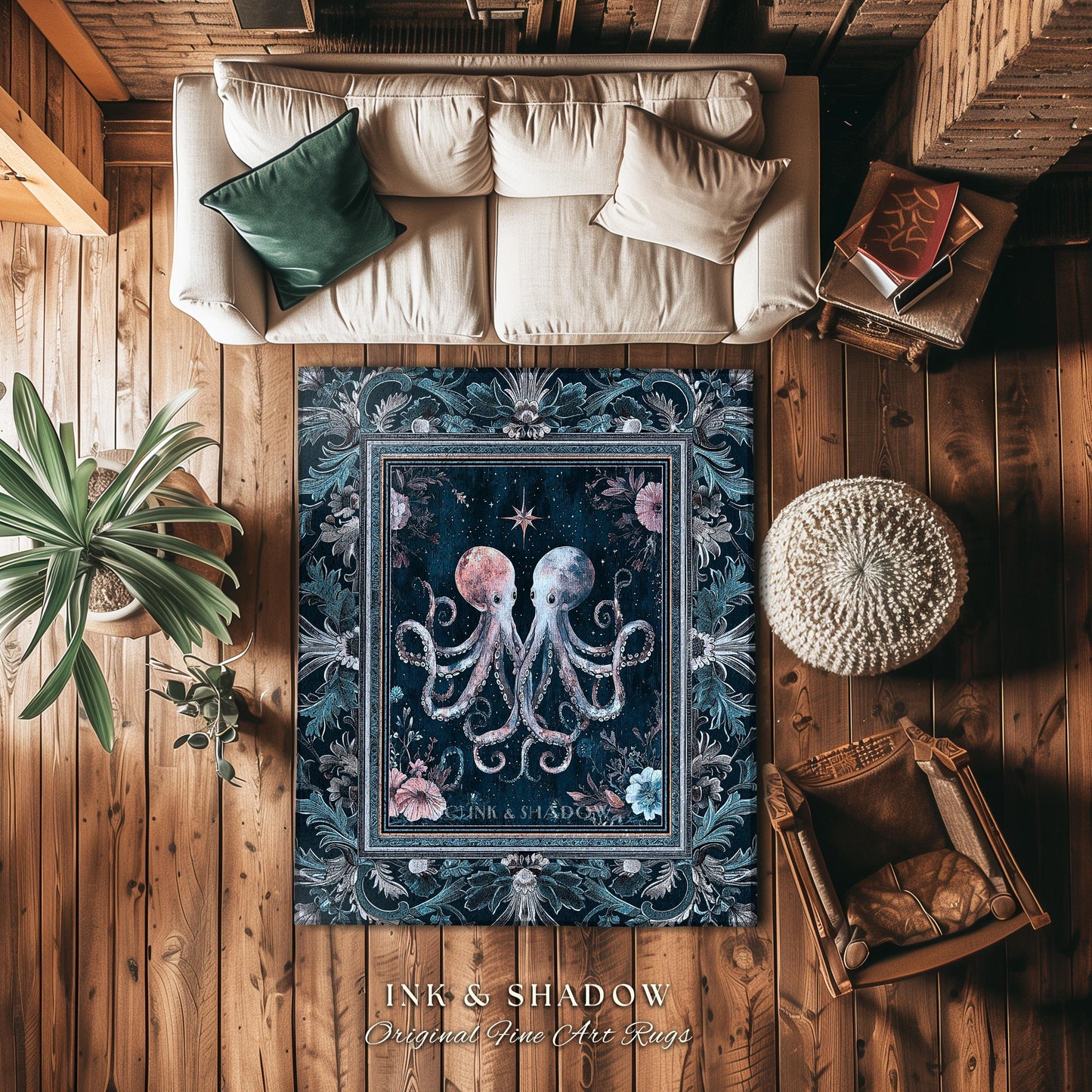 Ocean Blue Octopus Area Rug | Rustic Nautical Sea Life Home Accent Rug Floral Victorian Gothic Aesthetic Costal Crustaceancore Art Whimsical