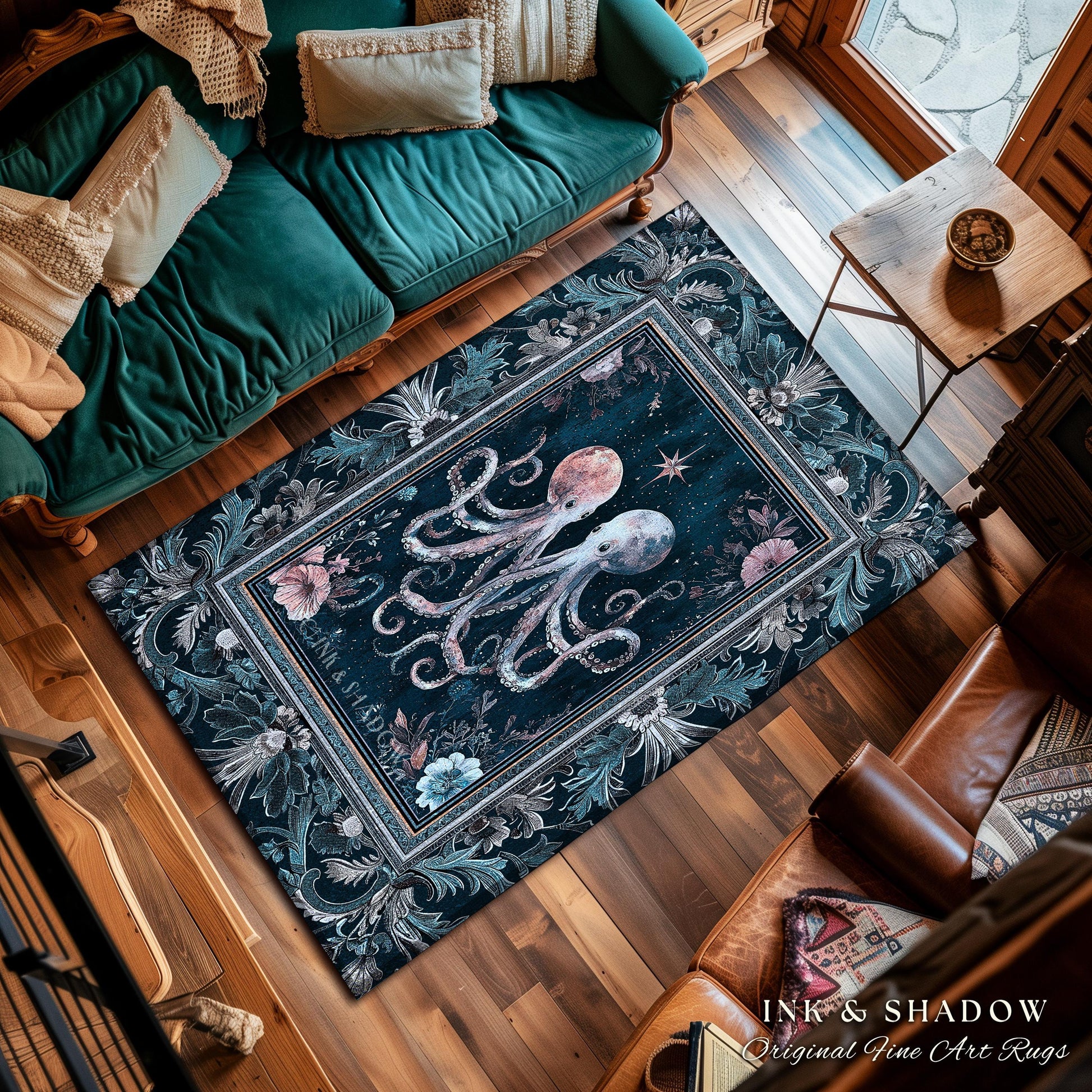 Ocean Blue Octopus Area Rug | Rustic Nautical Sea Life Home Accent Rug Floral Victorian Gothic Aesthetic Costal Crustaceancore Art Whimsical