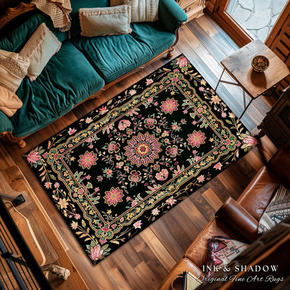 Maximalist Floral Area Rug Dark Pink Decorative Bohemian Turkish Style Colorful Accent Rug Decorative Rugs for Living Room Rectangular Rug