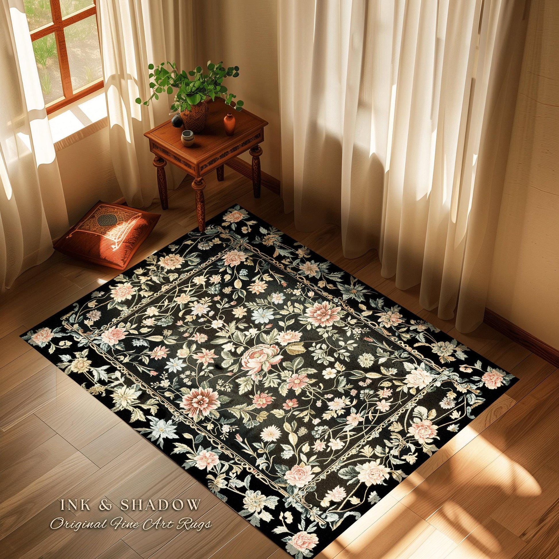 Elegant Victorian Floral Bedroom Rug | Maximalist Aesthetic Danish Pastel Home Decor Rustic Housewarming Gift Fairy Core Bedroom Whimsical |