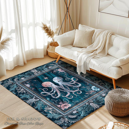 Ocean Blue Octopus Area Rug | Rustic Nautical Sea Life Home Accent Rug Floral Victorian Gothic Aesthetic Costal Crustaceancore Art Whimsical