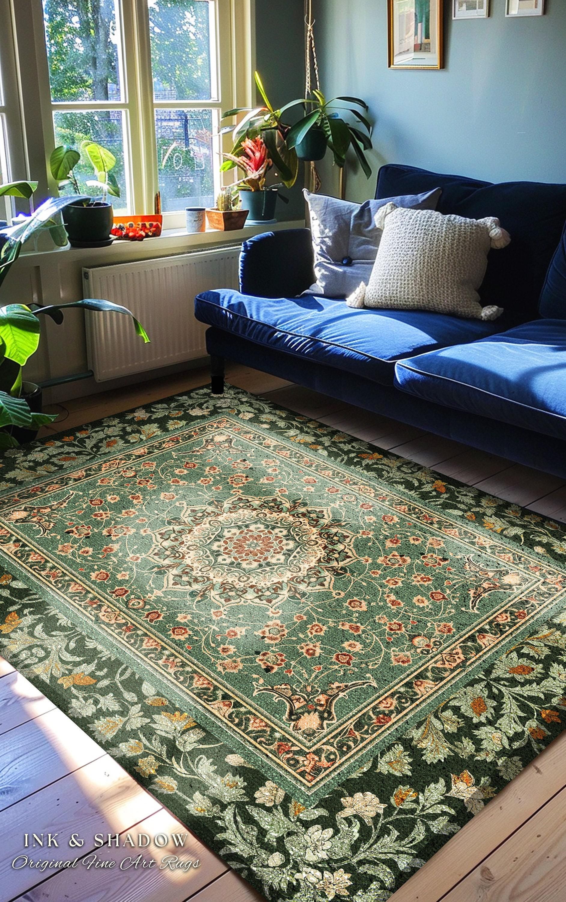 Folklore Aesthetic Living Room Rug | Classic Ornate Victorian Rug with Seafoam Green Detail Accent Bohemian Aesthetic for Cozy Reading Nook