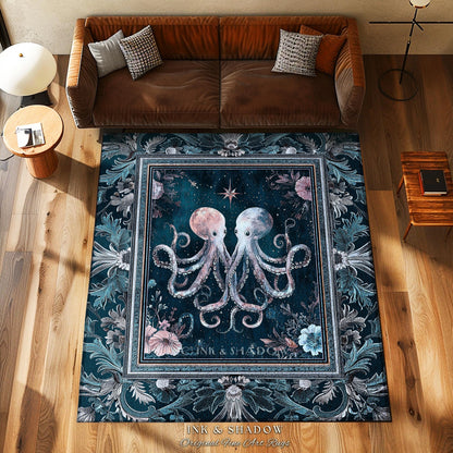 Ocean Blue Octopus Area Rug | Rustic Nautical Sea Life Home Accent Rug Floral Victorian Gothic Aesthetic Costal Crustaceancore Art Whimsical