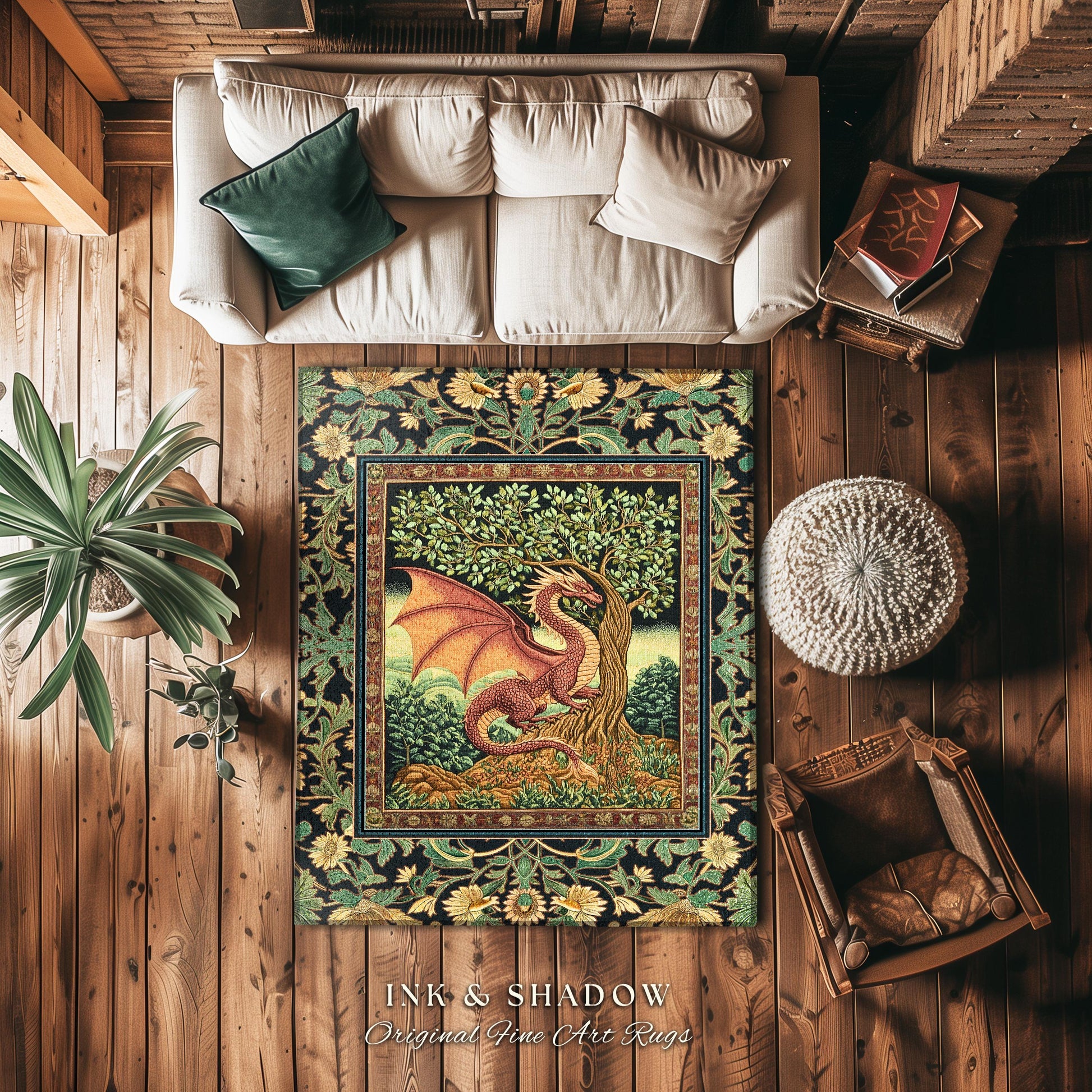 Victorian Gothic Dragon Area Rug | Dark Fairytale Aesthetic Whimsigothic Dark Academia Decor Crowcore Folklore Witchy Goblincore Home Accent