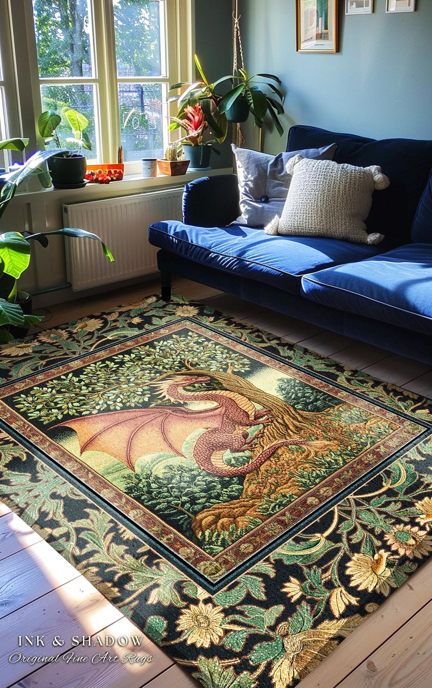 Victorian Gothic Dragon Area Rug | Dark Fairytale Aesthetic Whimsigothic Dark Academia Decor Crowcore Folklore Witchy Goblincore Home Accent