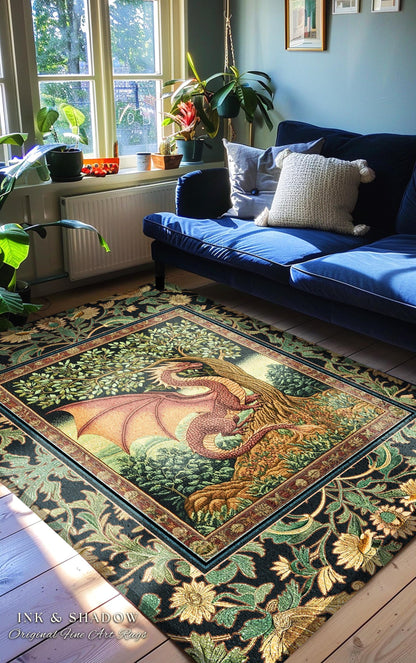 Victorian Gothic Dragon Area Rug | Dark Fairytale Aesthetic Whimsigothic Dark Academia Decor Crowcore Folklore Witchy Goblincore Home Accent