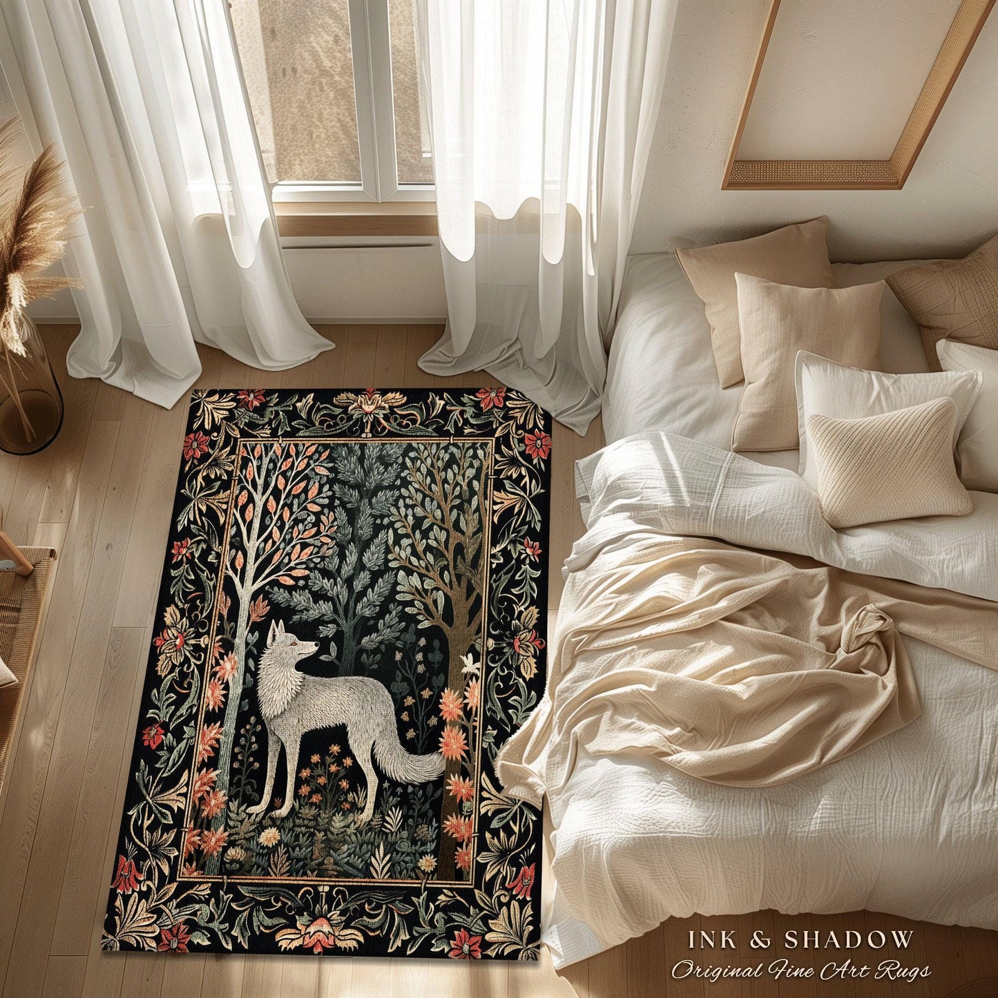 Woodland Floral Scandi Round Wolf Rug Morris Inspired Forest Cottagecore | Fairycore Bedroom Magical Nature Whimsical Scandinavian Wolf Rug