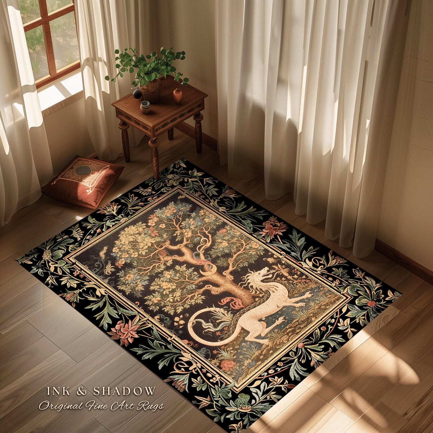 Medieval Dragon Rug | Nordic Home Decor Morris Style Bedroom Fairy Core Aesthetic Maximalist Gift for Goths Woodland Cottagecore Dragon Art