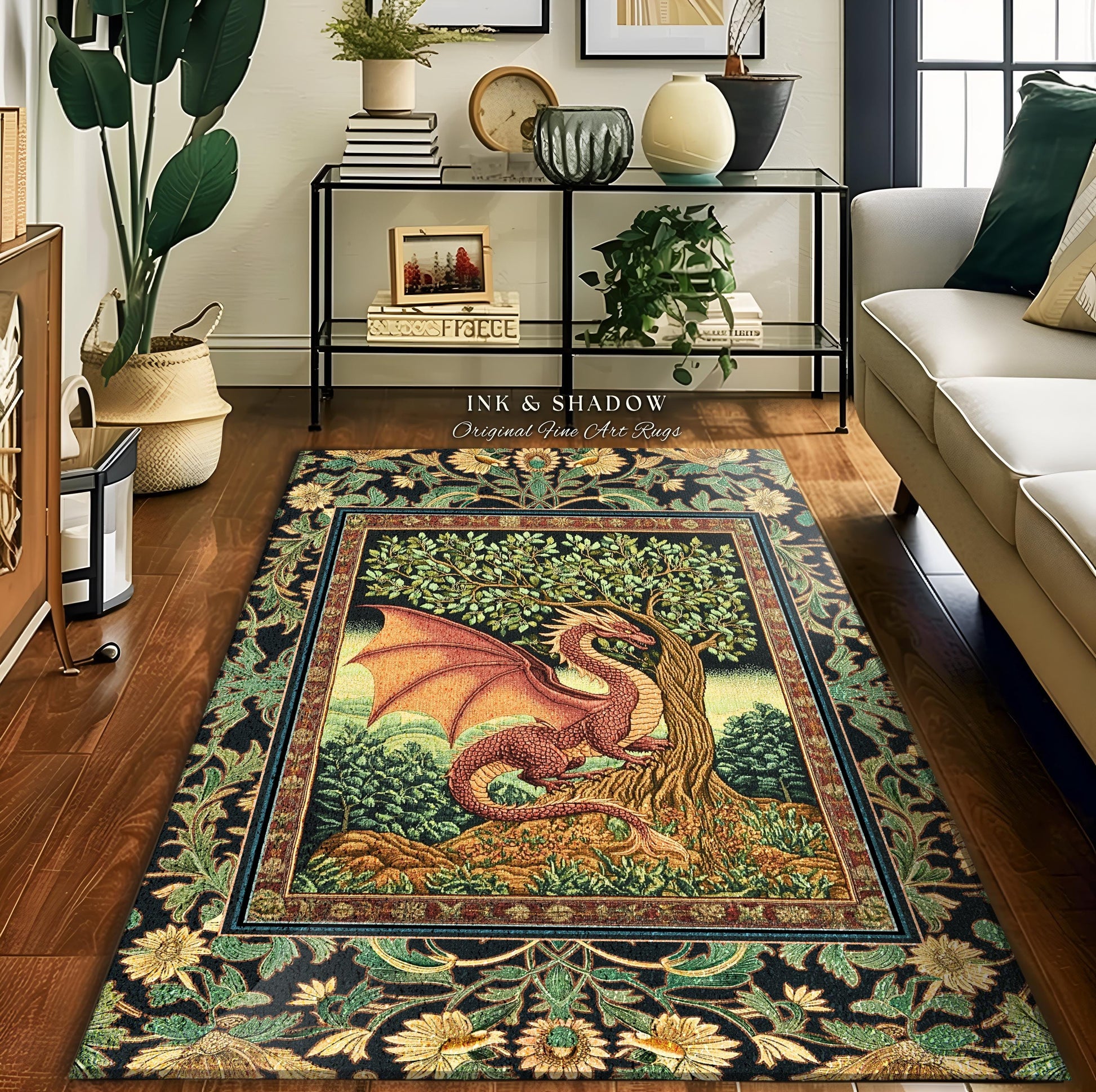 Victorian Gothic Dragon Area Rug | Dark Fairytale Aesthetic Whimsigothic Dark Academia Decor Crowcore Folklore Witchy Goblincore Home Accent