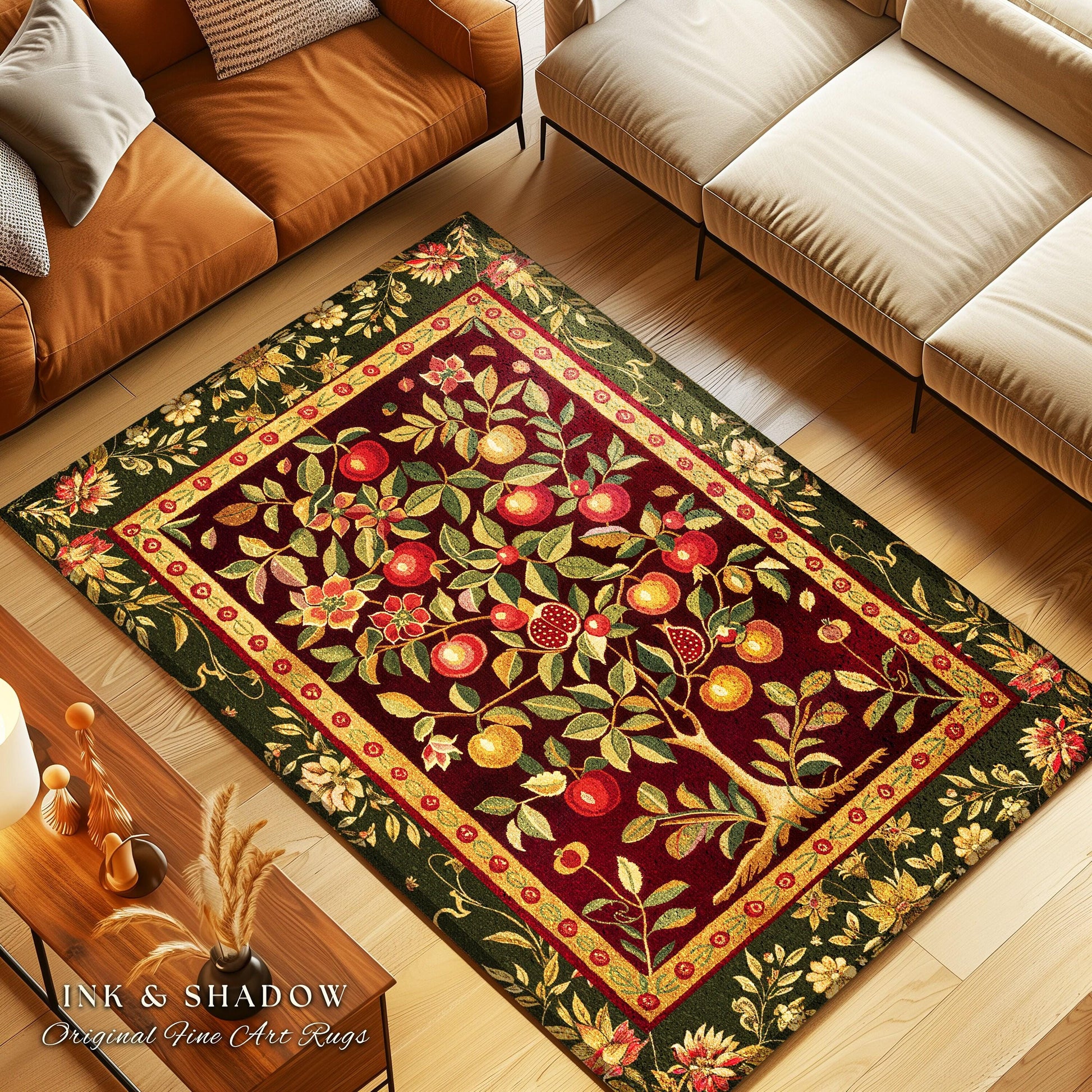 Pomegranate Tree Medieval Rug | Fruitful Aesthetic Living Room Moroccan Home Decor Rustic Housewarming Gift Cottagecore Nature Bedroom |