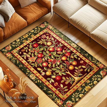 Pomegranate Tree Medieval Rug | Fruitful Aesthetic Living Room Moroccan Home Decor Rustic Housewarming Gift Cottagecore Nature Bedroom |