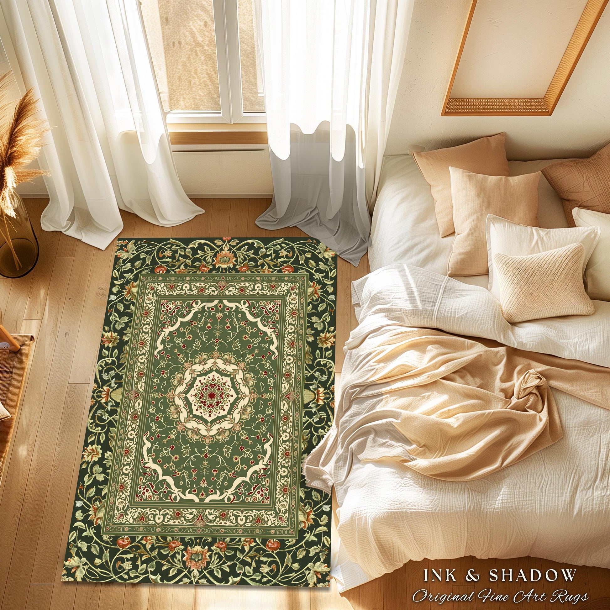 Boho Olive Green Round Floor Rug | Classic Ornate Victorian Rug With Sage Green Detail Accent Bohemian Aesthetic For Cozy Reading Nook Boho