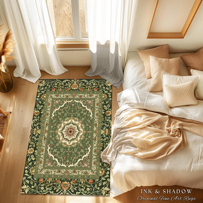 Boho Olive Green Round Floor Rug | Classic Ornate Victorian Rug With Sage Green Detail Accent Bohemian Aesthetic For Cozy Reading Nook Boho