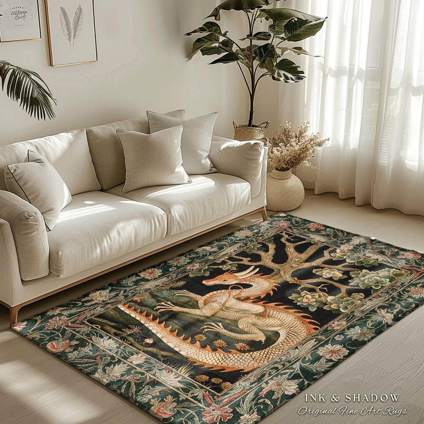 Enchanted Woods Dragon Rug | Medieval Aesthetic Fairytale Nursery Decor Morris Style Cottagecore Fairycore Bedroom Mystical Woodland Dragon