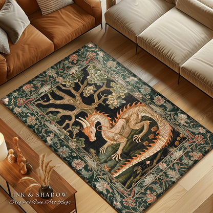 Enchanted Woods Dragon Rug | Medieval Aesthetic Fairytale Nursery Decor Morris Style Cottagecore Fairycore Bedroom Mystical Woodland Dragon