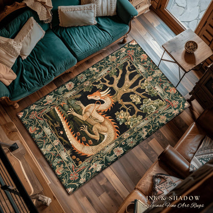 Enchanted Woods Dragon Rug | Medieval Aesthetic Fairytale Nursery Decor Morris Style Cottagecore Fairycore Bedroom Mystical Woodland Dragon