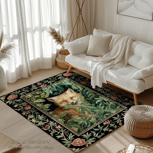 Ethereal Fox Rug Botanical | Cottagecore Room Decor William Morris Inspired Forest Aesthetic Fairycore Boho Bedroom Rug Ethereal Decoration