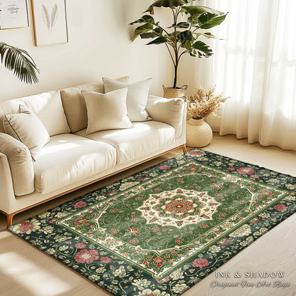 Jade Green Statement Rug | Classic Ornate Victorian Rug with Green Detail Peachy Accent Bohemian Aesthetic for Cozy Reading Nook Boho Design