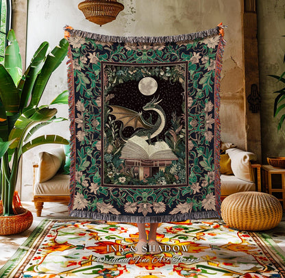 Fantasy Dragon Fairytale Blanket | Reading Corner Ethereal Bedroom Whimsigothic Style Fairycore Aesthetic Enchanting Woven Tapestry Mystic |
