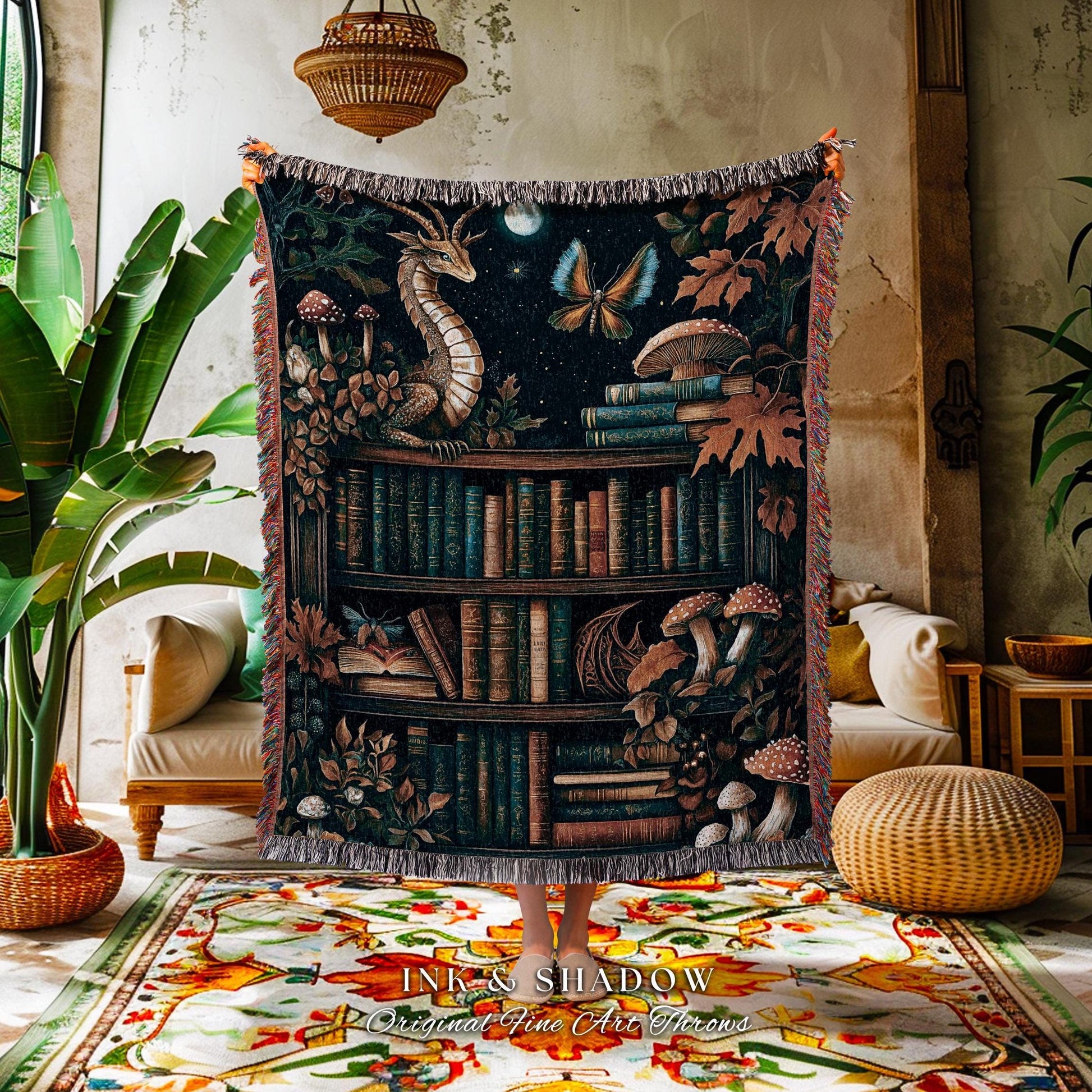 Midnight Blue Magical Literary Dragon Blanket Mystic Moon Bookish Home | Whimsigothic Magic Bookshelf Tapestry Throw Cozy Fairytale Decor