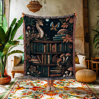 Midnight Blue Magical Literary Dragon Blanket Mystic Moon Bookish Home | Whimsigothic Magic Bookshelf Tapestry Throw Cozy Fairytale Decor