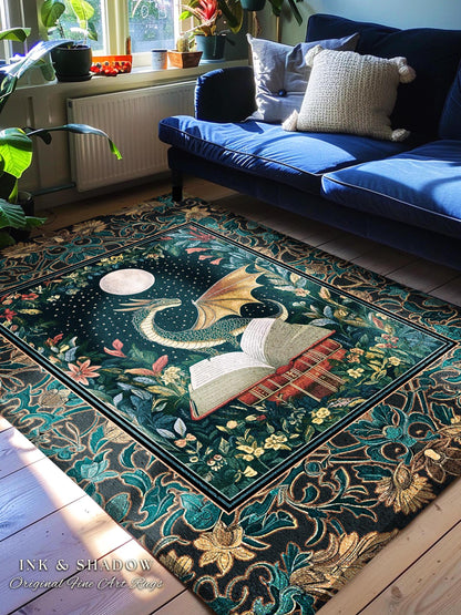 Witchy Moonlit Dragon Accent Rug | Book Lover Bedroom Fantasy Fairytale Style Fairycore Cottagecore Aesthetic Enchanting Area Rug Ethereal |