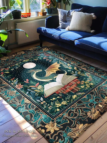Witchy Moonlit Dragon Accent Rug | Book Lover Bedroom Fantasy Fairytale Style Fairycore Cottagecore Aesthetic Enchanting Area Rug Ethereal |
