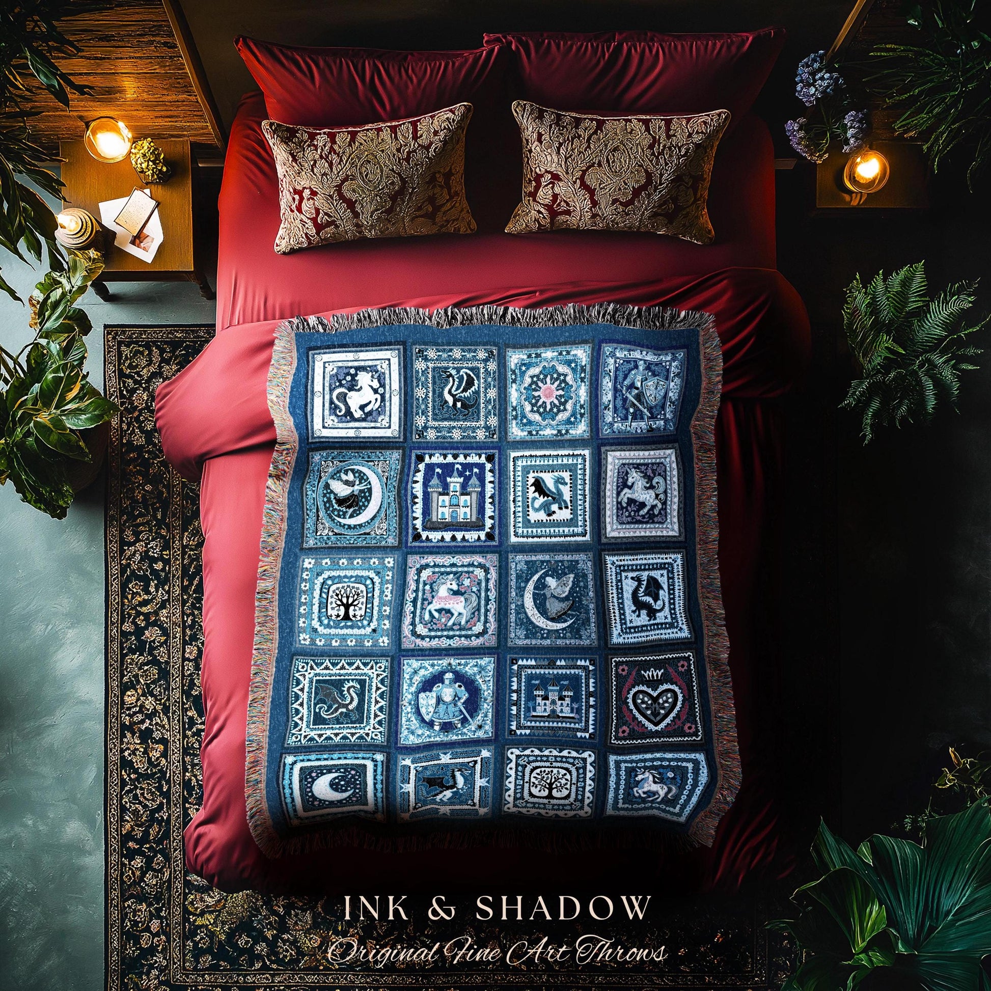 Once Upon a Time Fairytale Throw Blanket | Retro Vintage Knight Castle Medieval Folklore Style Romantic Woven Tapestry Storybook Coverlet