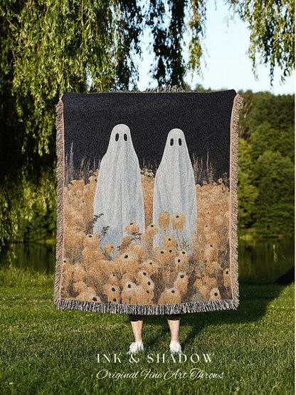 Ghost Couple Tapestry | Indie Room Decor Vintage Halloween Tapestry Woven Blanket Ghost Friends | Haunted Forest Ghost Blanket Occult Decor