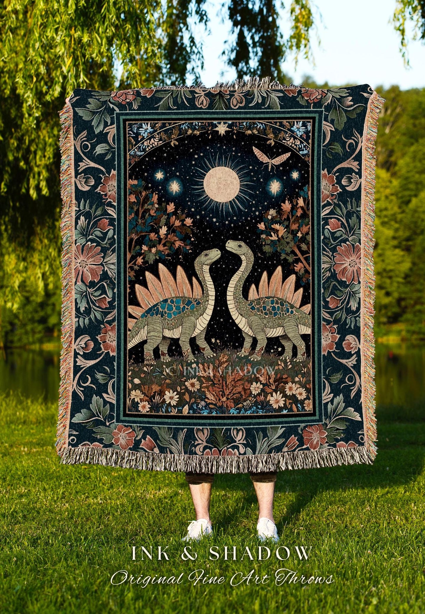 Whimsical Forestcore Mystical Dinosaur Tapestry Throw Starry Night Enchanted Woodland Decor, Magic Celestial Cottagecore Stegosaurus Blanket